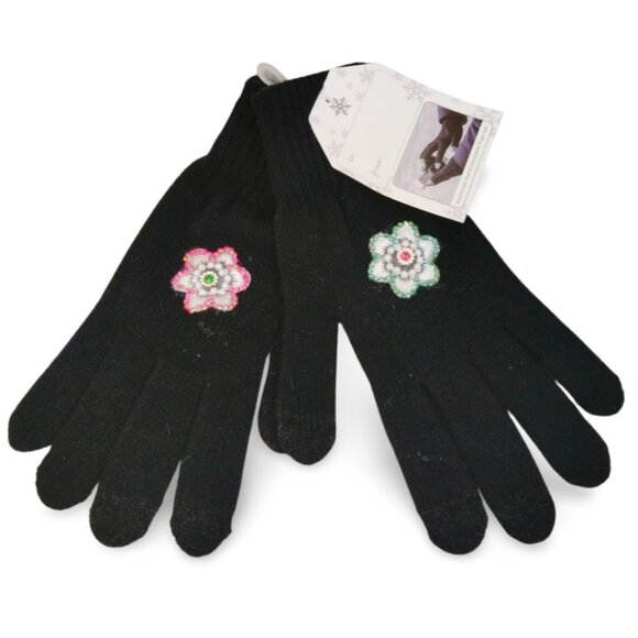 Luxe Black Knit Floral Embroidered Pink Crystal Beanie & Glove Set TT1524 - Picture 6 of 6